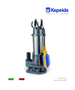 Pompă submersibilă pentru apă murdară KEPEIDA V1500A-F, 1,5 kW, debit maxim 420Litri/minut, înălțime maximă de refulare 16 metri, bobinaj 100% cupru, tehnologie și design italian