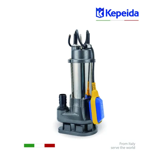 Pompă submersibilă pentru apă murdară KEPEIDA V1500A-F, 1,5 kW, debit maxim 420Litri/minut, înălțime maximă de refulare 16 metri, bobinaj 100% cupru, tehnologie și design italian