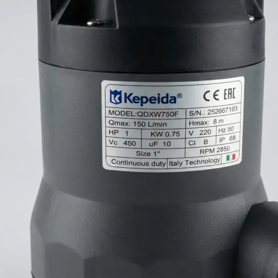 Pompa submersibila apa murdara KEPEIDA QDXW750F, 0.75 kW, debit max 150 L/min, inaltime maxima refulare 8 metri, bobinaj 100% cupru, tehnologie si design italian
