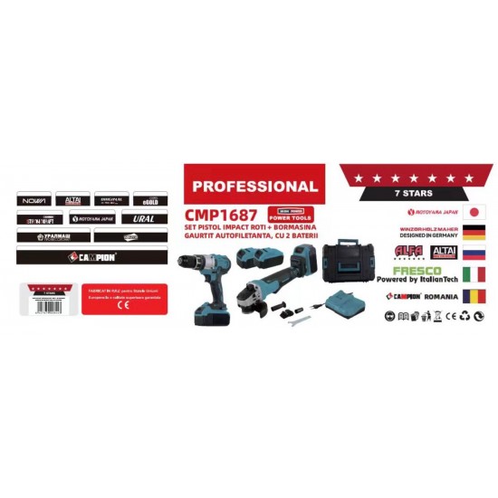 Pachet Profesional Bormasina  de infiletat Campion + Polizor Unghiular (Flex), 2 Acumulatori 48V și Trusă de Transport