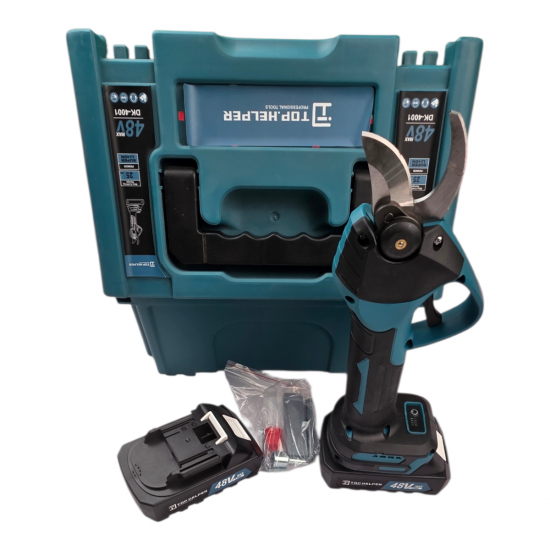 Foarfeca electrica profesionala de gradina Top Helper, cu 2 acumulatori 48V, 8ah, 4 trepte de deschidere a lamei, incarcator si valiza