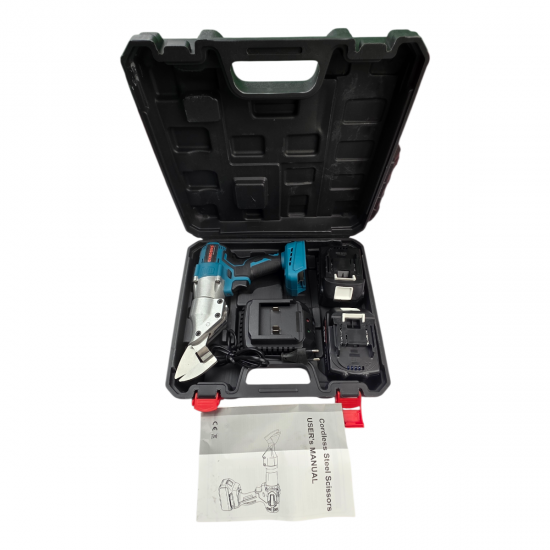 Foarfeca electrica profesionala pentru tabla OKOBONS, 48V, cu 2 acumulatori Li-Ion, încarcator și valiza de transport