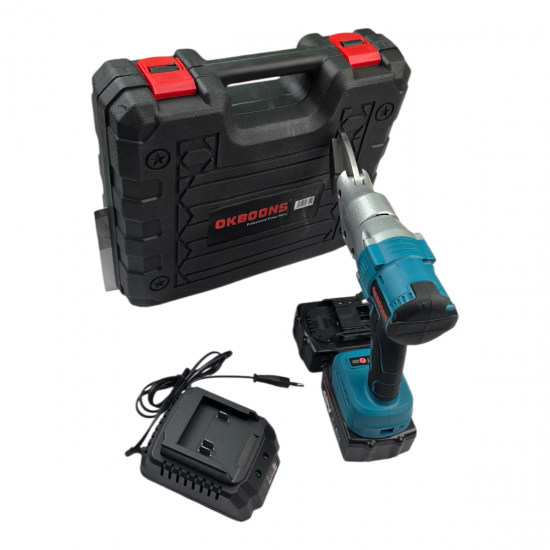 Foarfeca electrica profesionala pentru tabla OKOBONS, 48V, cu 2 acumulatori Li-Ion, încarcator și valiza de transport