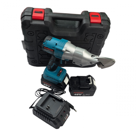 Foarfeca electrica profesionala pentru tabla OKOBONS, 48V, cu 2 acumulatori Li-Ion, încarcator și valiza de transport