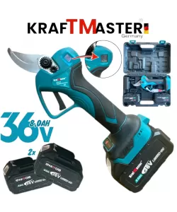Foarfeca electrica de gradina profesionala KraftMaster 36V 8Ah cu 2 acumulatori, încarcator si valiza