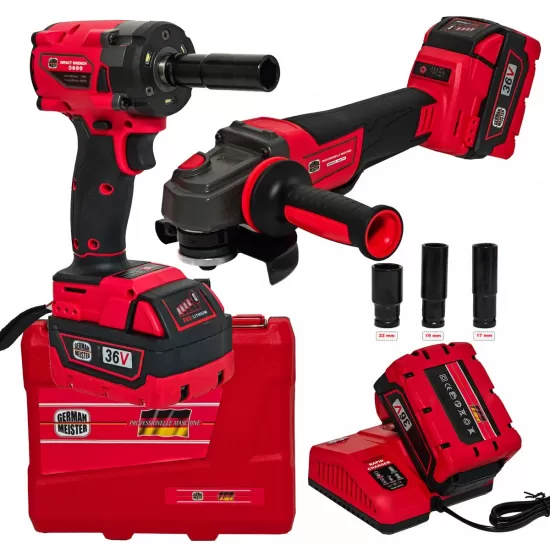 Trusa Profesionala German Meister 2 acumulatori 36V, 8 Ah – Cheie de Impact + Flex Unghiular, Încarcator Rapid si Tubulare Incluse
