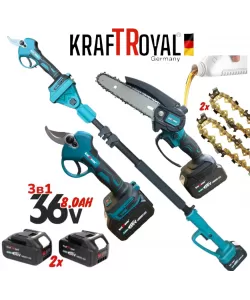 Set Profesional Kraft Royal 3 in 1 Drujba Electrica, Foarfeca pentru Crengi si Tija Telescopica, 2 Acumulatori 36V 8Ah