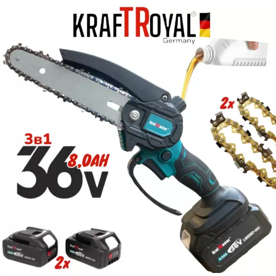 Set Profesional Kraft Royal 3 in 1 Drujba Electrica, Foarfeca pentru Crengi si Tija Telescopica, 2 Acumulatori 36V 8Ah