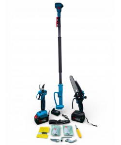 Set unelte gradina Taiga 3 In 1 cu 2 acumulatori 36 V 8 Ah – foarfeca electrica, mini drujba cu ungere automata și tija telescopica, lame rezerva pentru foarfeca
