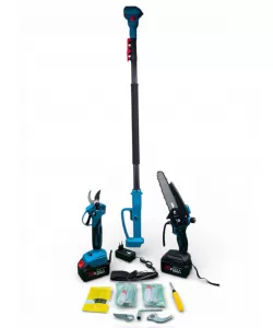 Set unelte gradina Taiga 3 In 1 cu 2 acumulatori 36 V 8 Ah – foarfeca electrica, mini drujba cu ungere automata și tija telescopica, lame rezerva pentru foarfeca