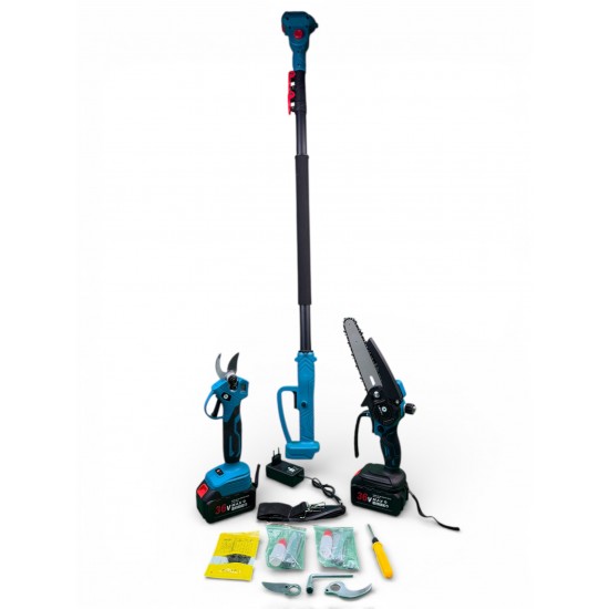 Set unelte gradina Taiga 3 In 1 cu 2 acumulatori 36 V 8 Ah – foarfeca electrica, mini drujba cu ungere automata și tija telescopica, lame rezerva pentru foarfeca