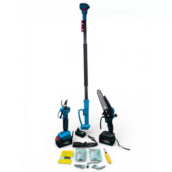 Set unelte gradina Taiga 3 In 1 cu 2 acumulatori 36 V 8 Ah – foarfeca electrica, mini drujba cu ungere automata și tija telescopica, lame rezerva pentru foarfeca