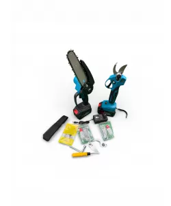 Set unelte gradina Taiga 3 In 1 cu 2 acumulatori 36 V 8 Ah – foarfeca electrica, mini drujba cu ungere automata și tija telescopica, lame rezerva pentru foarfeca