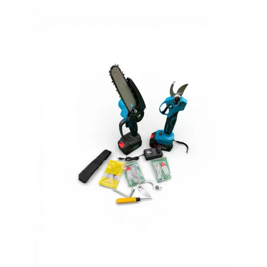 Set unelte gradina Taiga 3 In 1 cu 2 acumulatori 36 V 8 Ah – foarfeca electrica, mini drujba cu ungere automata și tija telescopica, lame rezerva pentru foarfeca