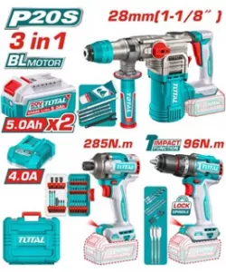 TOTAL - KIT COMBO 20V - CIOCAN ROTOPERCUTOR, MASINA DE GAURIT CU IMPACT, MASINA DE INSURUBAT (INCLUD