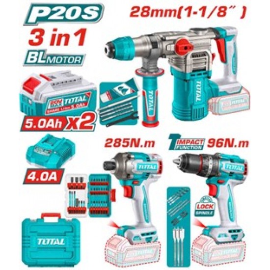 TOTAL - KIT COMBO 20V - CIOCAN ROTOPERCUTOR, MASINA DE GAURIT CU IMPACT, MASINA DE INSURUBAT (INCLUD
