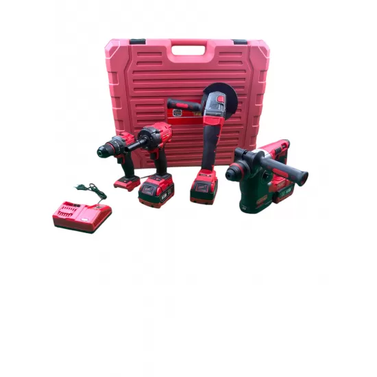 Trusa profesionala German Meister Rosu 36V 8Ah – Flex, Masina de gaurit, Masina de insurubat cu impact si Ciocan rotopercutor + 3 acumulatori si valiză