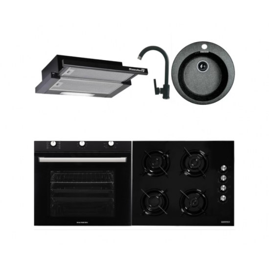 Pachet Cuptor incorporabil HB-8053NG, Electric, Putere 2225 W, 71 l, Clasa A, Plita HB-563NG, 4 arzatoare, Gaz, Sticla, Hota telescopica HB-1285NG, absorbtie 420 m3/h, 2 motoare, Chiuveta bucatarie HB-9500NG, compozit granit, Baterie HB-F5000, Negru