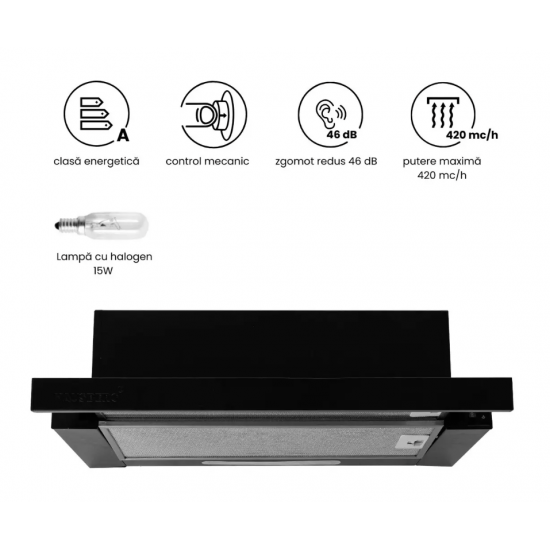 Hota incorporabila telescopica Hausberg HB-1285NG, putere de absorbtie 420 m3/h, 2 motoare, 60 cm, Negru