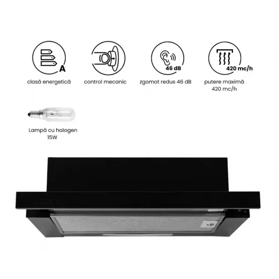 Hota incorporabila telescopica Hausberg HB-1285NG, putere de absorbtie 420 m3/h, 2 motoare, 60 cm, Negru Hota incorporabila telescopica Hausberg HB-1285NG, putere de absorbtie 420 m3/h, 2 motoare, 60 cm, Negru