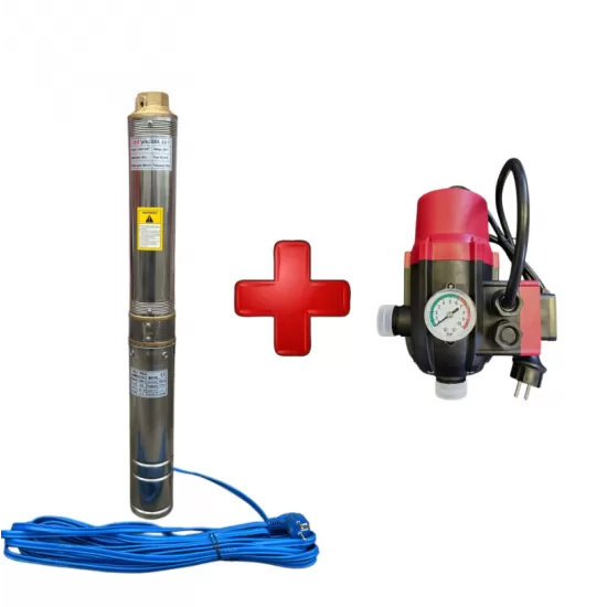 Pompa submersibila cu turbina DRK 3.5SDM2-8, cablu de alimentare 15 metri + Presostat Electronic DRK cu priza, Model PC-13AB Pompa submersibila cu turbina DRK 3.5SDM2-8, cablu de alimentare 15 metri + Presostat Electronic DRK cu priza, Model PC-13AB
