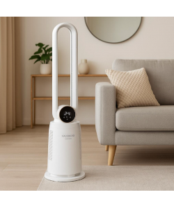 Ventilator Turn Digital cu Telecomanda HAUSBERG HB-5957AB, 65W, 12 Viteze, Temporizator, Ioni negativi, Oscilatie, LED, 4 Programe, Alb