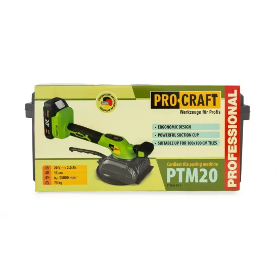 Ventuza pentru gresie pe acumulator PROCRAFT PTM20 1 x acumulator 20V/2Ah, 15.000 vibratii/min Ventuza pentru gresie pe acumulator PROCRAFT PTM20 1 x acumulator 20V/2Ah, 15.000 vibratii/min