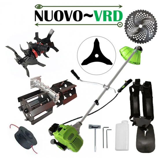 Motocoasa NUOVO-VRD Green Fuel-Efficient 3.4CP, Disc Vidia, Disc Stea, accesorii incluse + PRASITOARE, CULTIVATOR