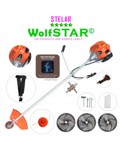 Motocoasa WolfSTAR© motor 2 timpi ALP, 6CP, 52cc, 11.000RPM + sistem taiere, Bundle 3*Disc Vidia230