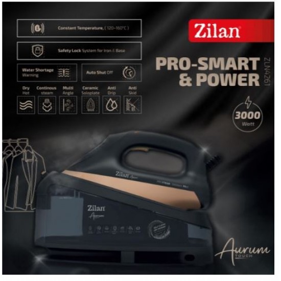 Fier de calcat Aurum cu statie Zilan ZLN4261 Negru, putere 3000W, incalzire in 35 secunde, sistem de auto oprire