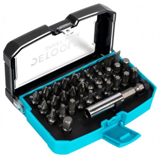 Set biti Detoolz, 32 de piese, cu prelungitor magnetic, material Cr-V