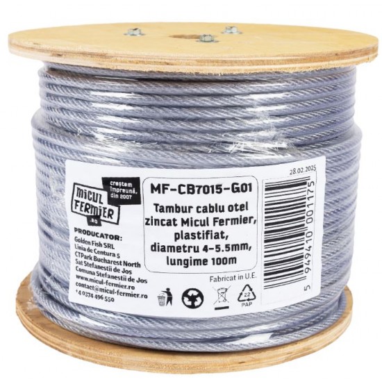 Tambur cablu otel zincat Micul Fermier, plastifiat, diametru 4-5.5mm, lungime 100m