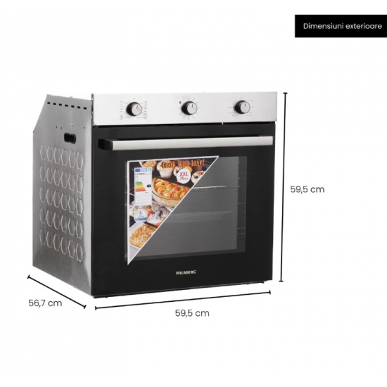 Cuptor incorporabil Hausberg HB-8053IN, Electric, Putere 2225 W, 71 l, 6 Functii, Ventilatie, Timer, Clasa A, Negru/Inox