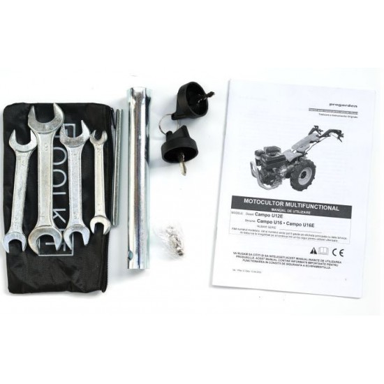 ProGARDEN Campo U16E motocultor multifunctional 14CP, benzina, EU V, pornire electrica, 3+2 viteze, reductor + FT90 freza tractata 900mm + BC120M bara cosire mobila 120cm