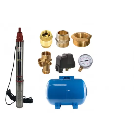 Kit complet hidrofor, Pompa submersibila de apa curata 1800 W, 12 turbine, Cablu alimentare 15 Metri, Bazin hidrofor 50 Litri, accesorii incluse