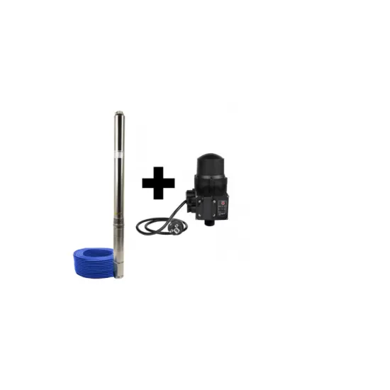 Pachet Pompa submersibila de mare adancime, DDT, 4SDM3-20, 2500 W, 20 turbine, 12 m³/h Inox, 30 m cablu + Presostat electronic automat DDT, LS-4