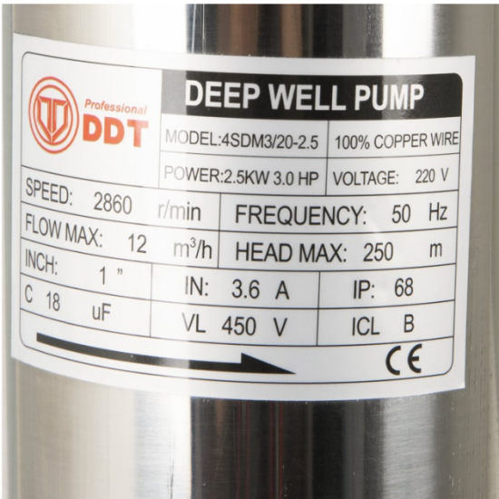 Pachet Pompa submersibila de mare adancime, DDT, 4SDM3-20, 2500 W, 20 turbine, 12 m³/h Inox, 30 m cablu + Presostat electronic automat DDT, LS-4