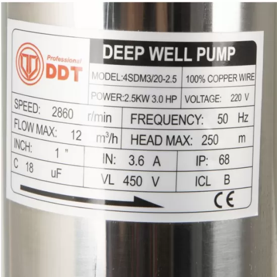 Pachet Pompa submersibila de mare adancime, DDT, 4SDM3-20, 2500 W, 20 turbine, 12 m³/h Inox, 30 m cablu + Presostat electronic automat DDT, LS-4