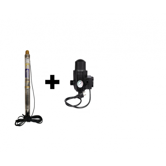 Pachet Pompa submersibila de adancime, DDT, QJD2-8, 1100 W, 8 turbine, Inox + Presostat electronic automat DDT, LS-4