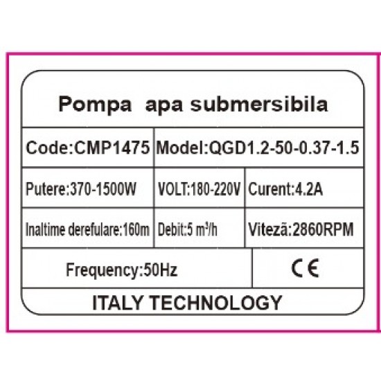 Pompa apa submersibila QGD TUN cu melc ALFA 12M cablu FARA plutitor 1.5KW