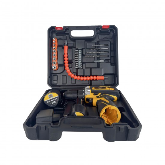 Bormasina - Autofiletanta cu percutie German Meister, 12V, trusa 26 accesorii, 2 acumulatori Galbena