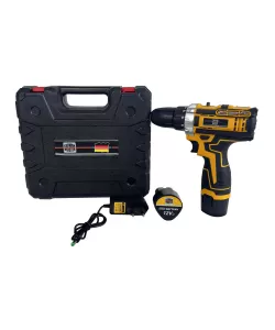 Bormasina - Autofiletanta cu percutie German Meister, 12V, trusa 26 accesorii, 2 acumulatori Galbena Bormasina - Autofiletanta cu percutie German Meister, 12V, trusa 26 accesorii, 2 acumulatori Galbena