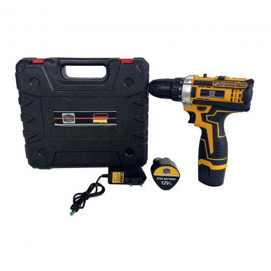 Bormasina - Autofiletanta cu percutie German Meister, 12V, trusa 26 accesorii, 2 acumulatori Galbena