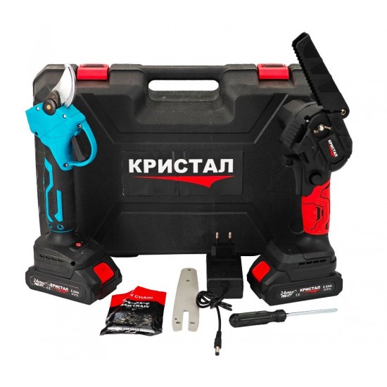 Set foarfeca & Mini drujba cu 2 acumulatori DDT-CRISTAL, incarcator, accesorii incluse, 24 V, 2 Ah