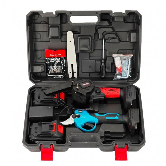 Set foarfeca & Mini drujba cu 2 acumulatori DDT-CRISTAL, incarcator, accesorii incluse, 24 V, 2 Ah
