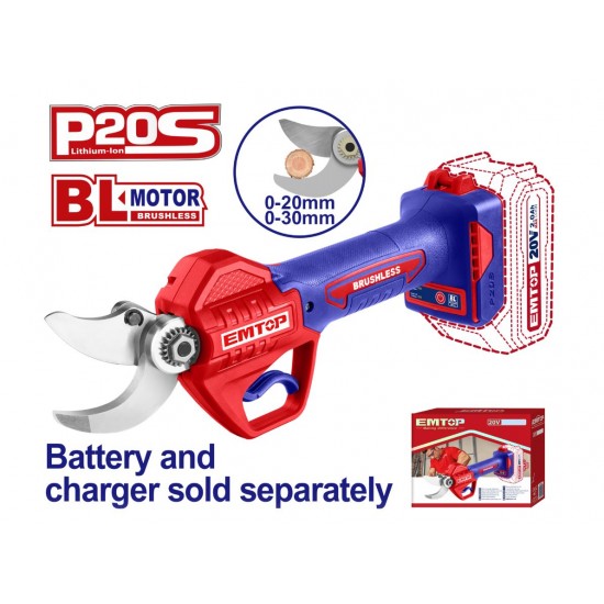 Foarfeca electrica pentru vie fara acumulator si incarcator, motor fara perii (brushless), 20/30mm - ELSL20305, EMTOP