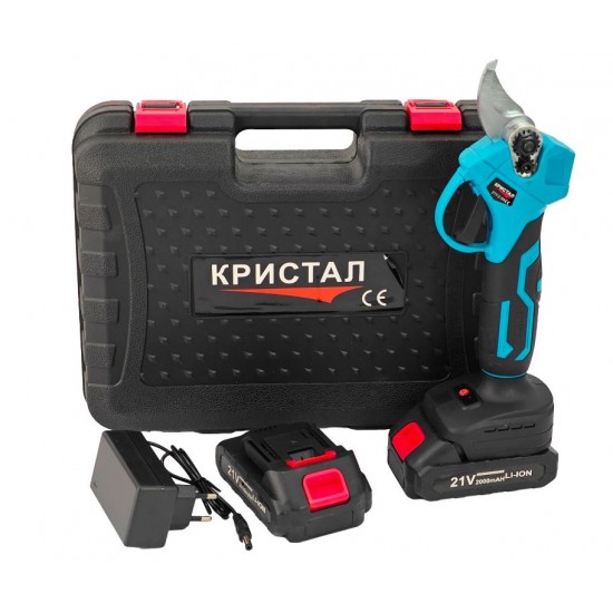 Foarfeca electrica pentru vita de vie, crengi, DDT-CRISTAL cu 2 Acumulatori 21 V, 2000 mAh, Albastru