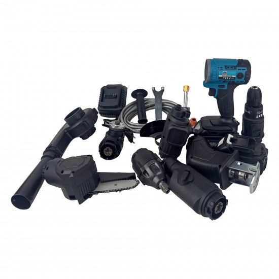 Trusa 8 in 1 German Meister, cu 2 Acumulatori, 128V, 8Ah, (Pistol de Spalat cu Presiune, Fierastrau Sabie, Mini drujba, Rotopercutor, Autofiletanta, Pistol Impact, Flex, Suflanta aer)