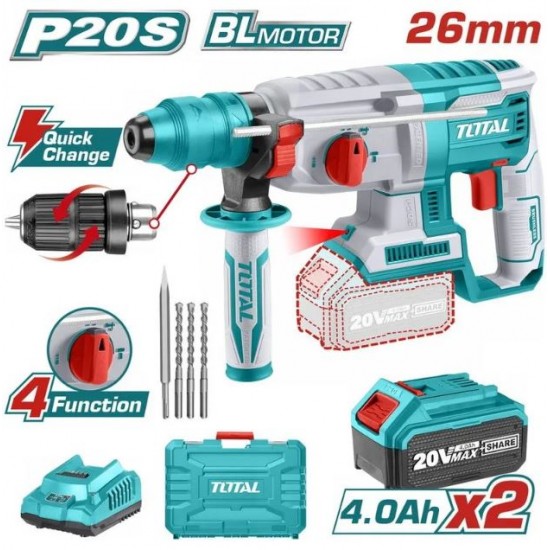 Ciocan rotopercutor pe acumulatori TOTAL, 2j, LI-ION, 20V, motor fara perii (INDUSTRIAL)