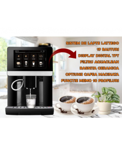 Espressor automat profesional HAUSBERG HB-3770, sistem de lapte LatteGo, 19 bauturi, 15 bar, display digital TFT, filtru AquaClean, rasnita ceramica, optiune cafea macinata, functie MEMO 10 profiluri, Negru